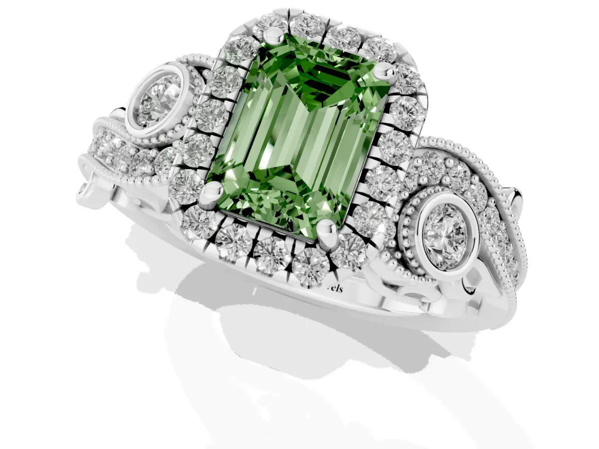 Fancy Green Emerald Cut Diamond Halo Ring with Milgrain Pavé Band and Four-Prong Setting Platinum