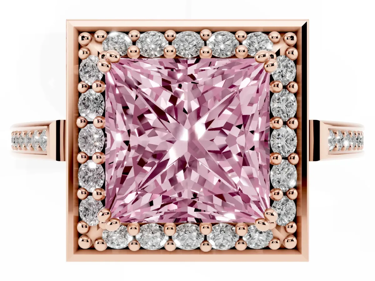 Fancy Pink Princess Cut Diamond Halo Ring with Split Shank and Four-Prong Setting Rose gold