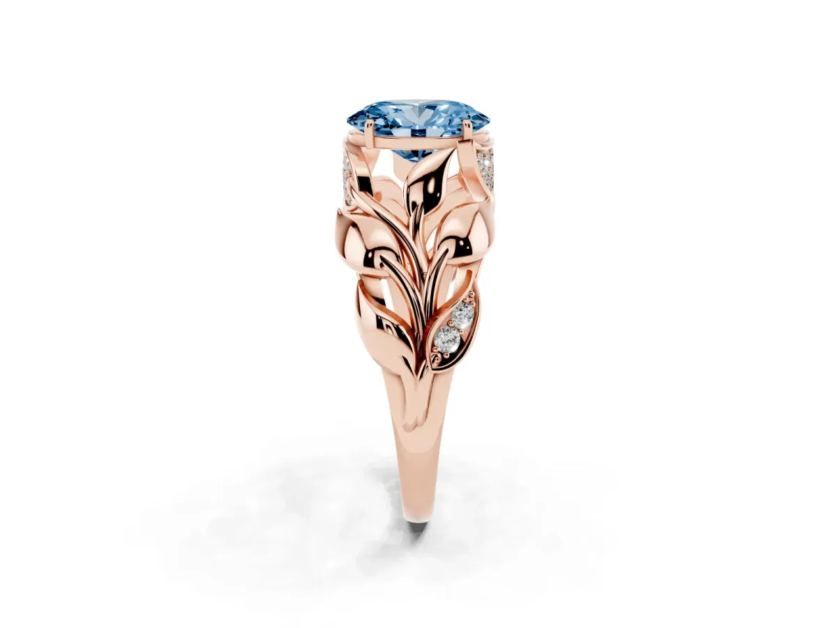 Fancy Blue Oval Cut Diamond Leaf-Inspired Engagement Ring with Round Accents and Prong Setting Rose gold