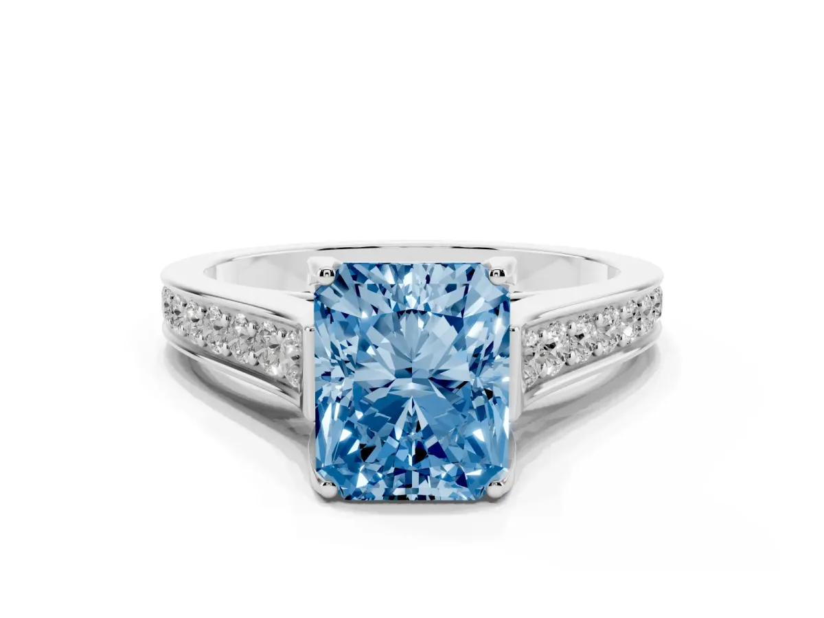 Fancy Blue Radiant Cut Brilliant Cut Diamond Engagement Ring with Pavé Band and Four-Prong Setting White gold