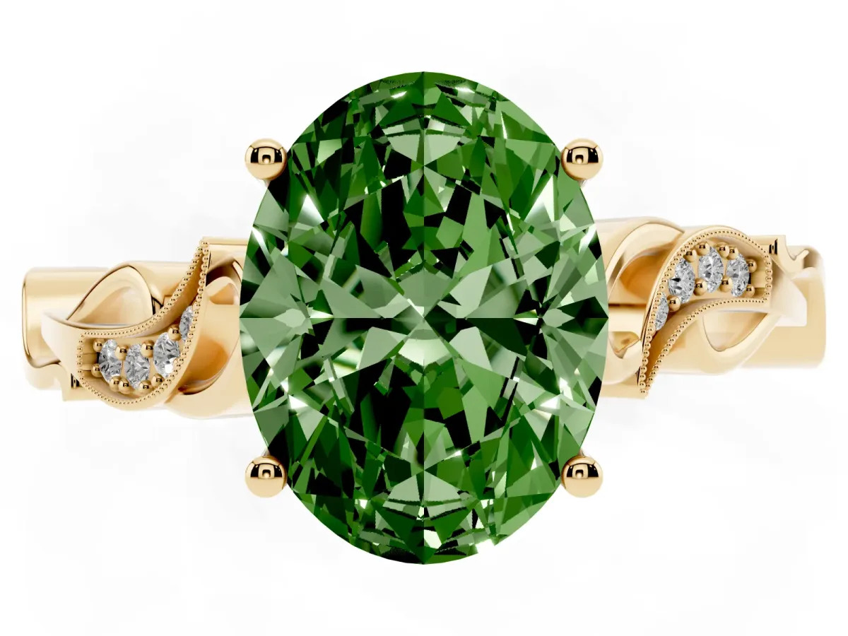 Fancy Green Oval Cut Solitaire Vine Band with Milgrain Prong Setting Yellow gold