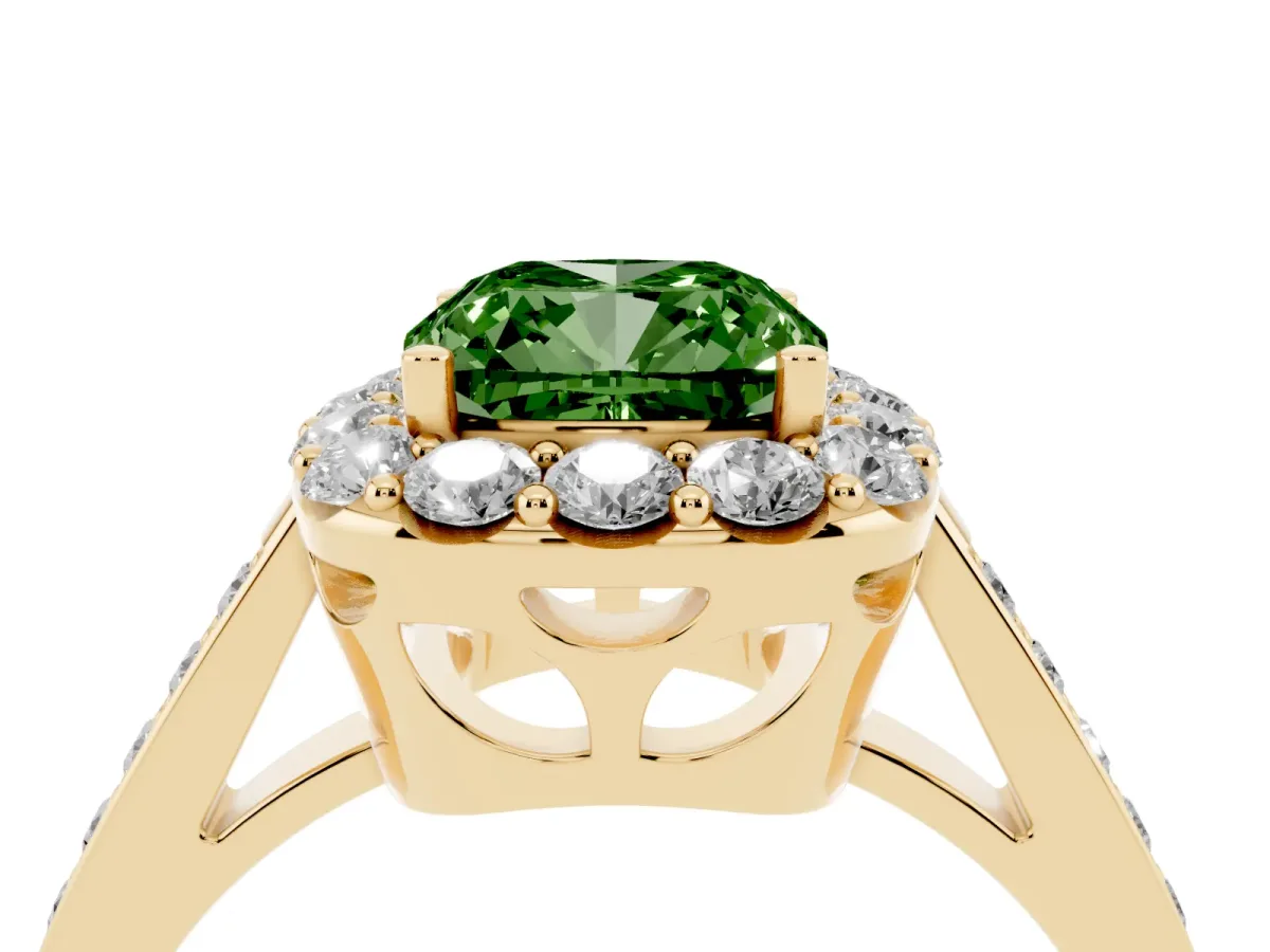 Fancy Green Cushion Cut Diamond Floral Halo Ring with Pavé Band and Prong Setting Yellow gold