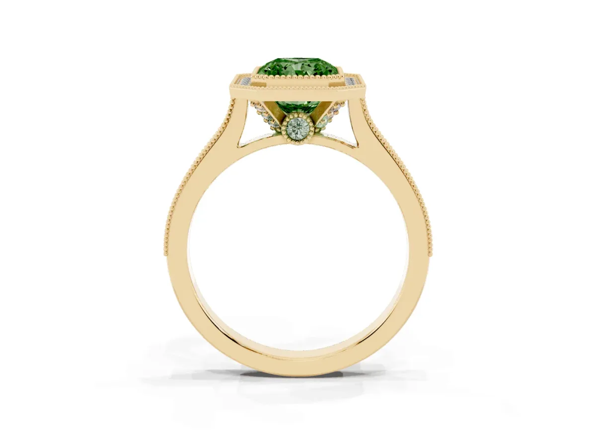 Fancy Green Halo Radiant Cut-Cut Diamond Pave Band Milgrain Prong Setting Ring Yellow gold