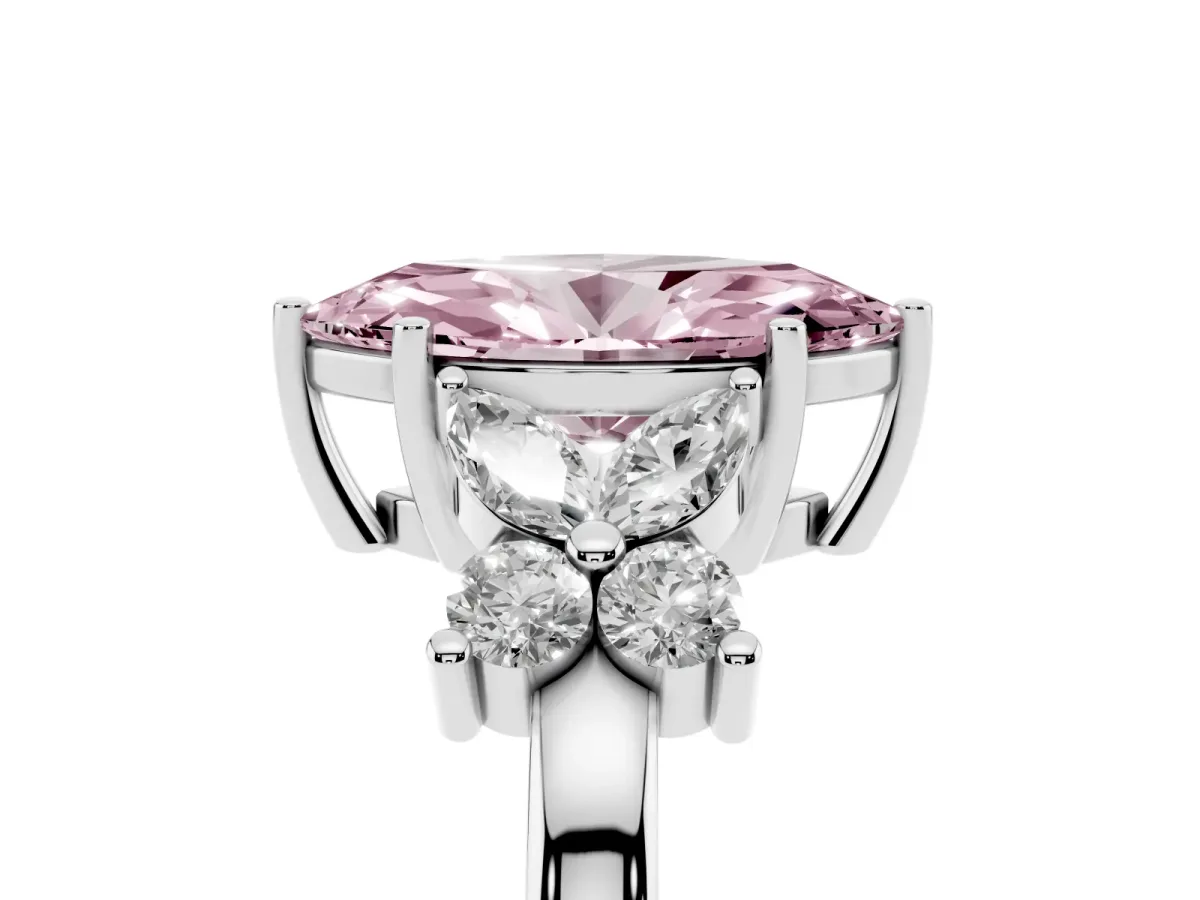 Fancy Pink Marquise Cut Diamond Floral Cluster Ring with Solitaire Band and Prong Setting Platinum