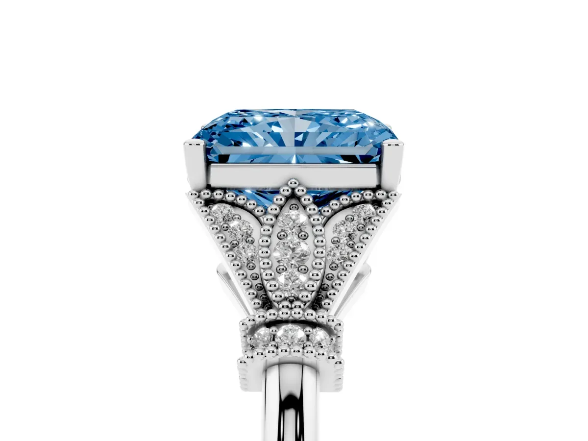Fancy Blue Radiant Cut Diamond Solitaire Ring with Floral Filigree and Pave Accents White gold