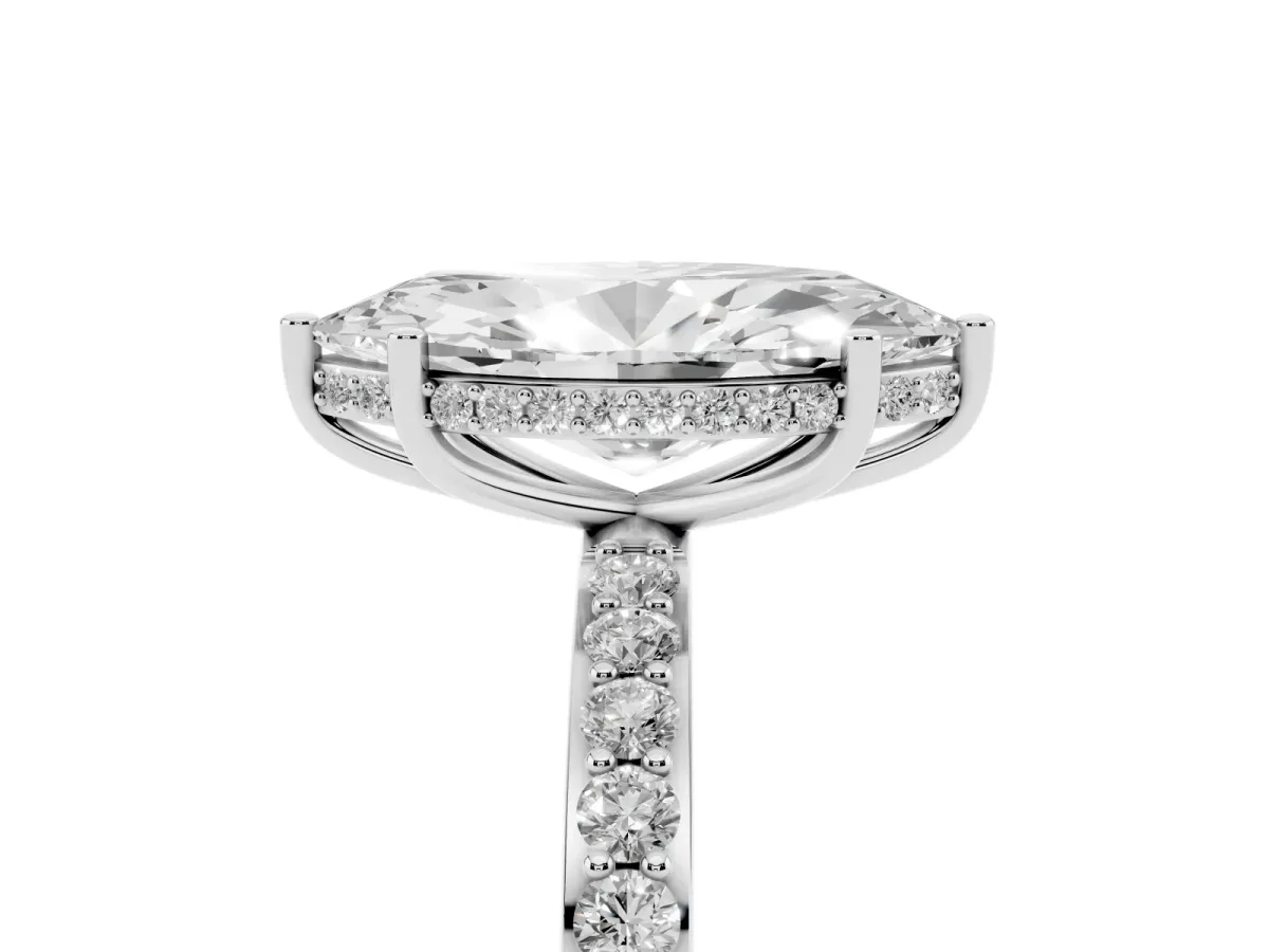 Marquise Cut Diamond Solitaire Ring with Pavé Band and Hidden Halo Silver