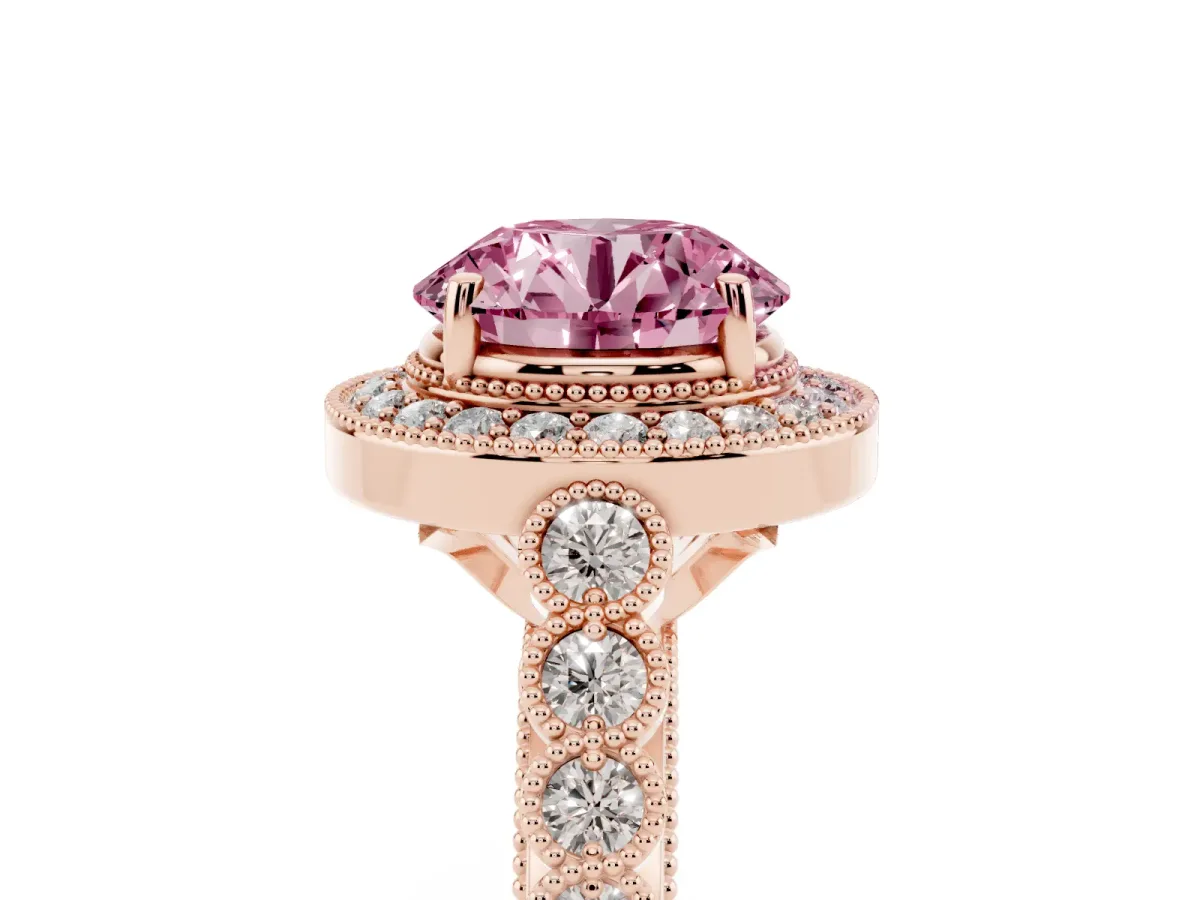 Fancy Pink Round Cut Halo Milgrain Solitaire with Bezel Set Side Stones and Pave Band Rose gold