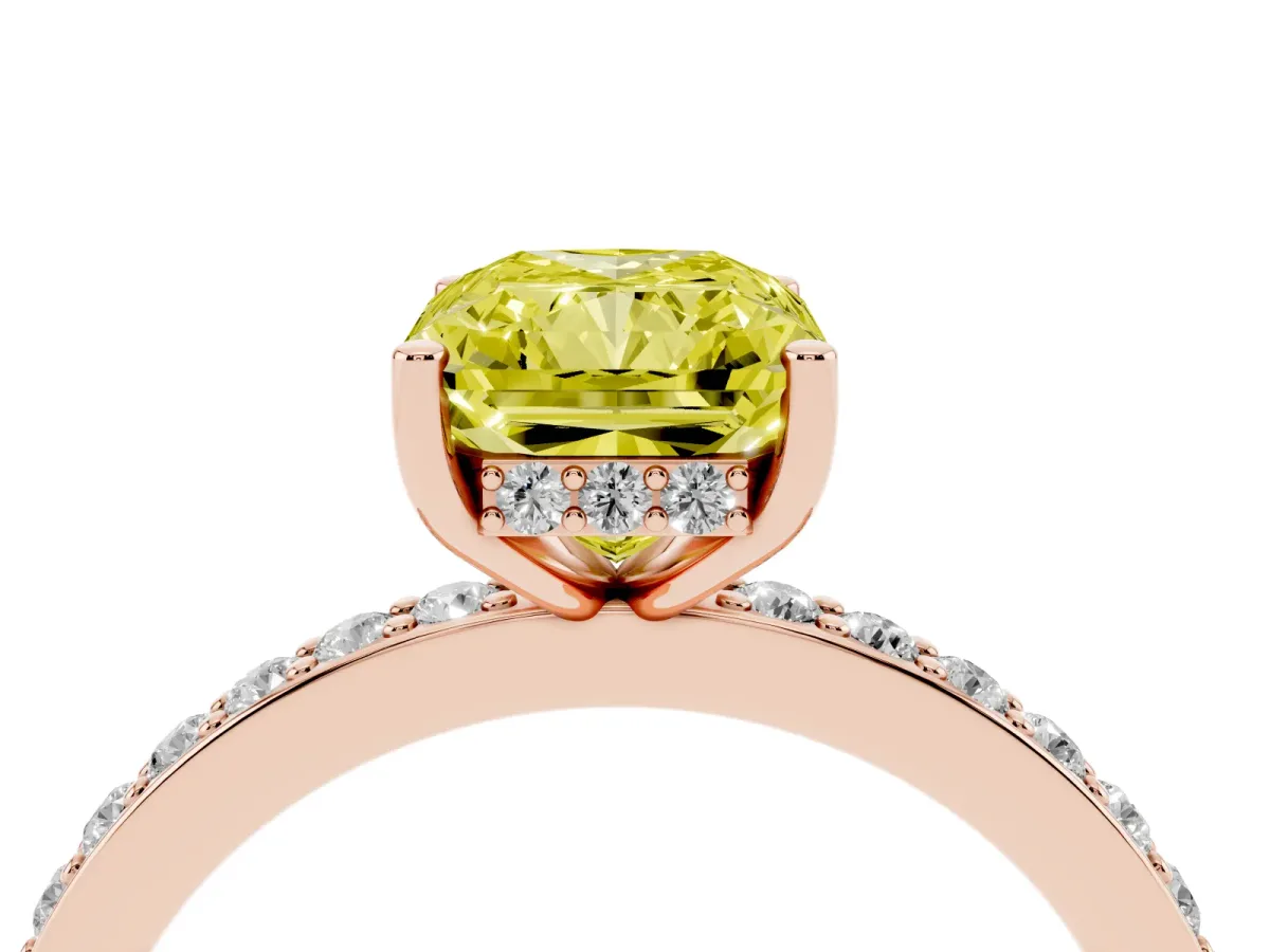 Fancy Yellow Radiant Cut Cut Diamond Pavé Band Ring with Four-Prong Setting Rose gold