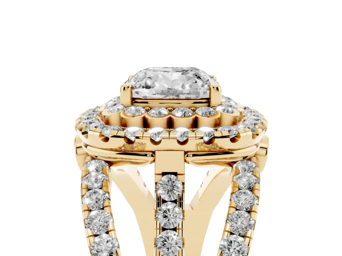 Cushion Cut Diamond Double Halo Ring with Round Pavé Split Shank and Prong Setting Yellow gold