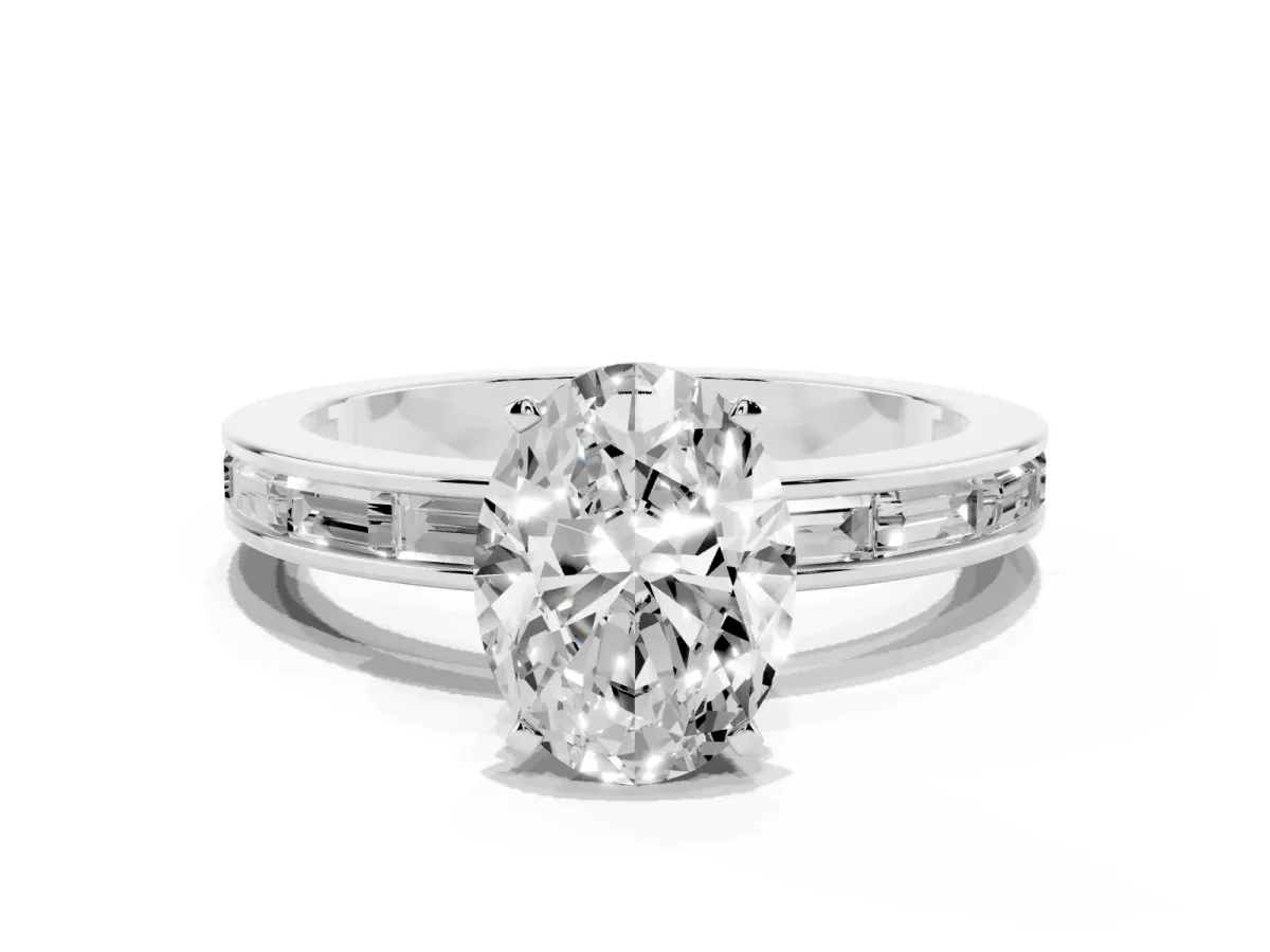 Oval Cut Solitaire Diamond Ring with Channel-Set Baguette Band and Four-Prong Setting White gold