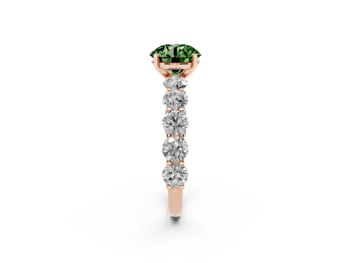 Fancy Green Round Cut Diamond Prong Setting with Side Stones on a Pave Band Rose gold