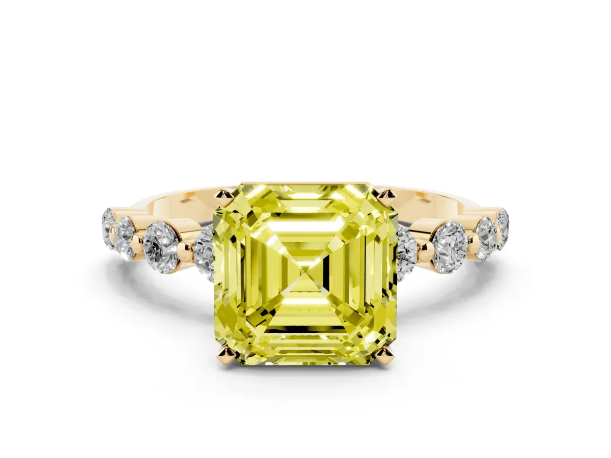 Fancy Yellow Asscher Cut Solitaire Diamond Ring with Pave Band and Four-Prong Setting Yellow gold