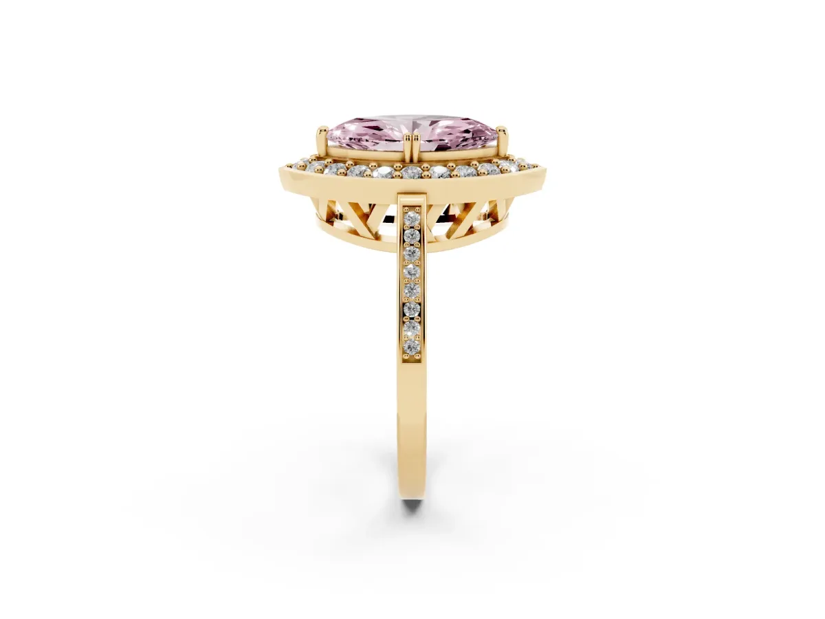 Fancy Pink Marquise Cut Diamond Halo Ring with Split Shank and Four-Prong Setting Yellow gold