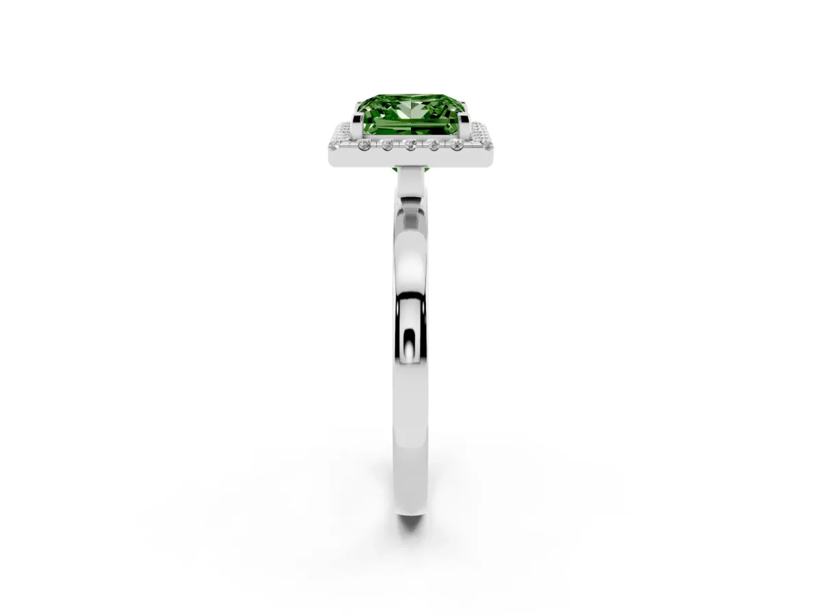 Fancy Green Princess Cut Halo Diamond Solitaire with Pavé Band and Four-Prong Setting Silver