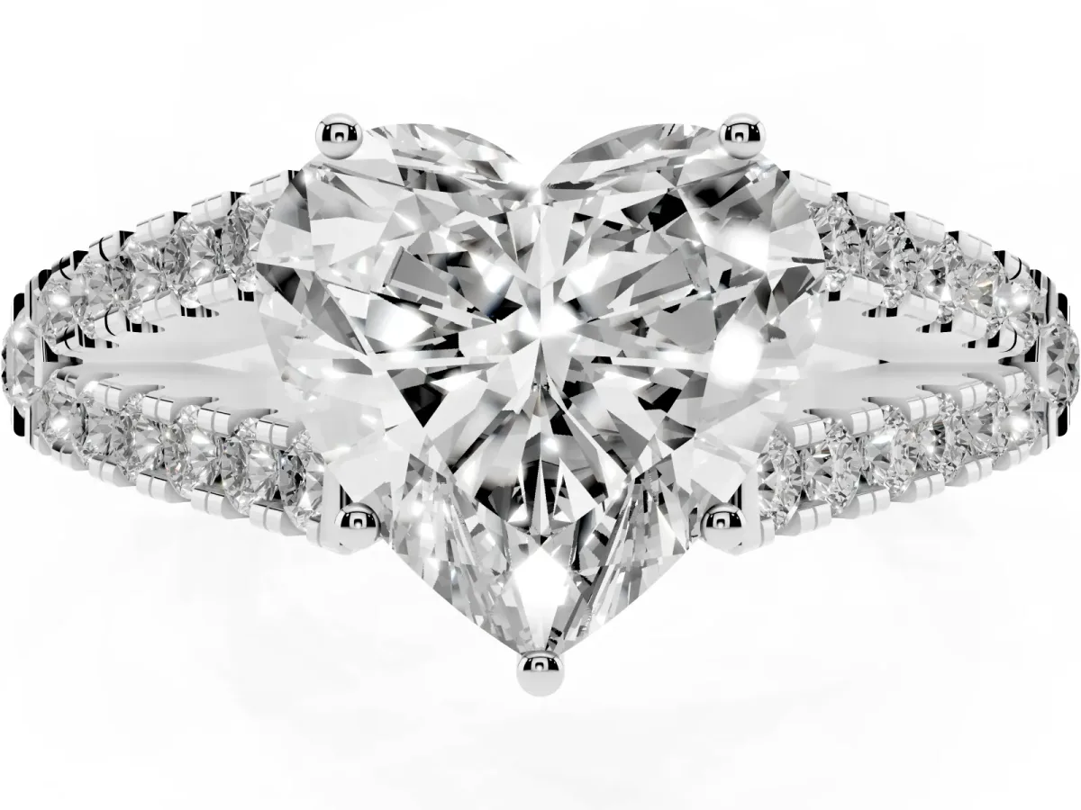 Heart Cut Diamond Split Shank Engagement Ring with Round Pavé and Prong Setting Platinum