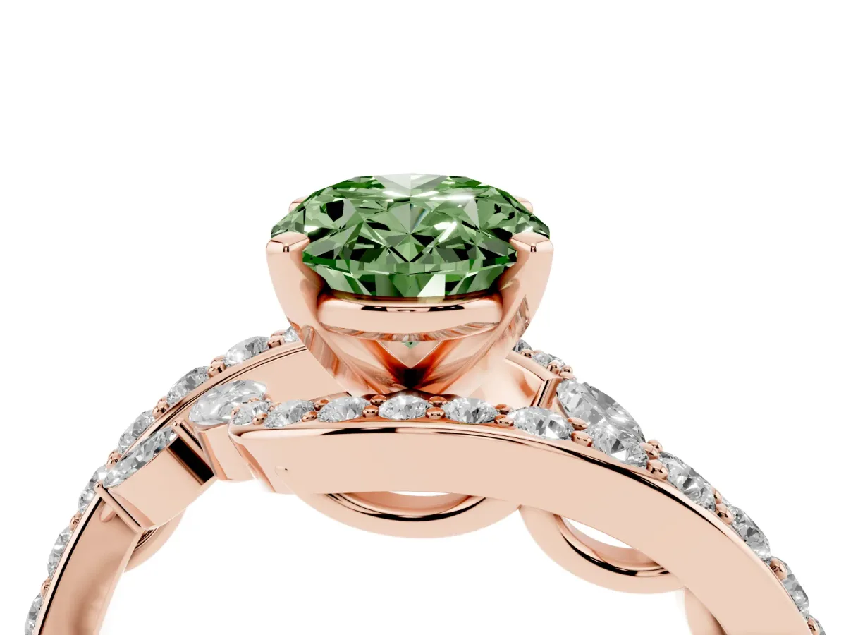 Fancy Green Oval Cut Solitaire with Pavé Twist Band and Four-Prong Setting Rose gold