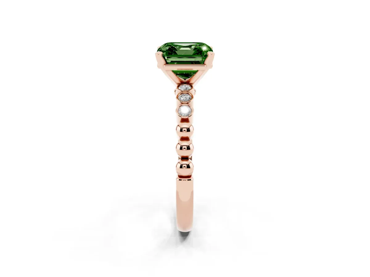 Fancy Green Asscher Cut Solitaire Bezel Accent Diamond Engagement Ring with Beaded Band and Four-Prong Setting Rose gold