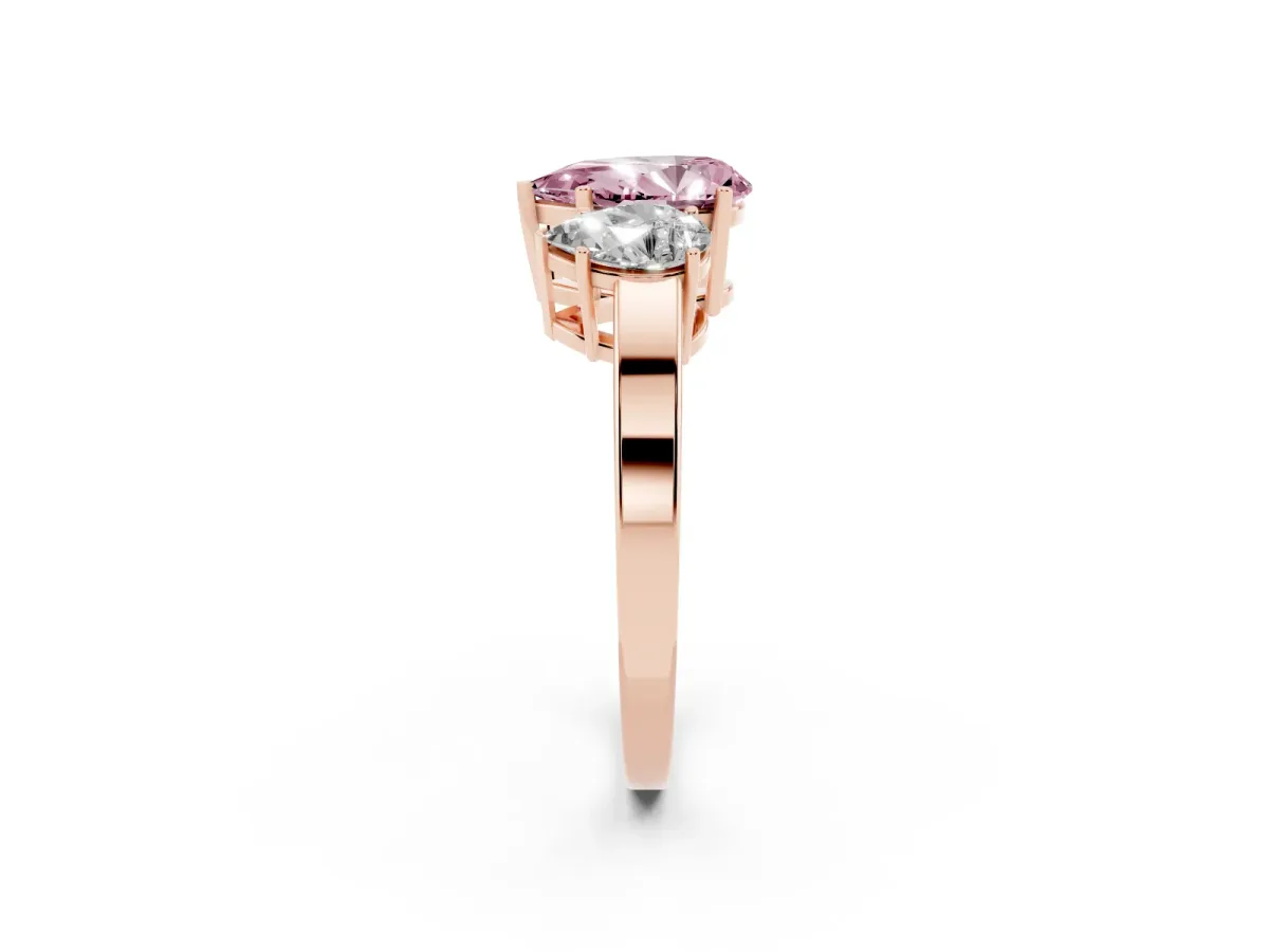Fancy Pink Three-Stone Pear Cut Cut Diamond Engagement Ring with Flat Band and Four-Prong Setting Rose gold