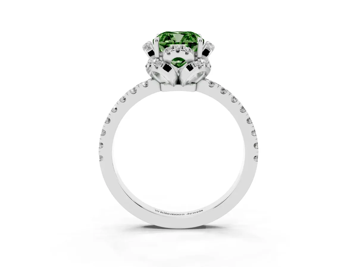 Fancy Green Cushion Cut Halo Diamond Pave Band Ring with Four-Prong Setting Silver