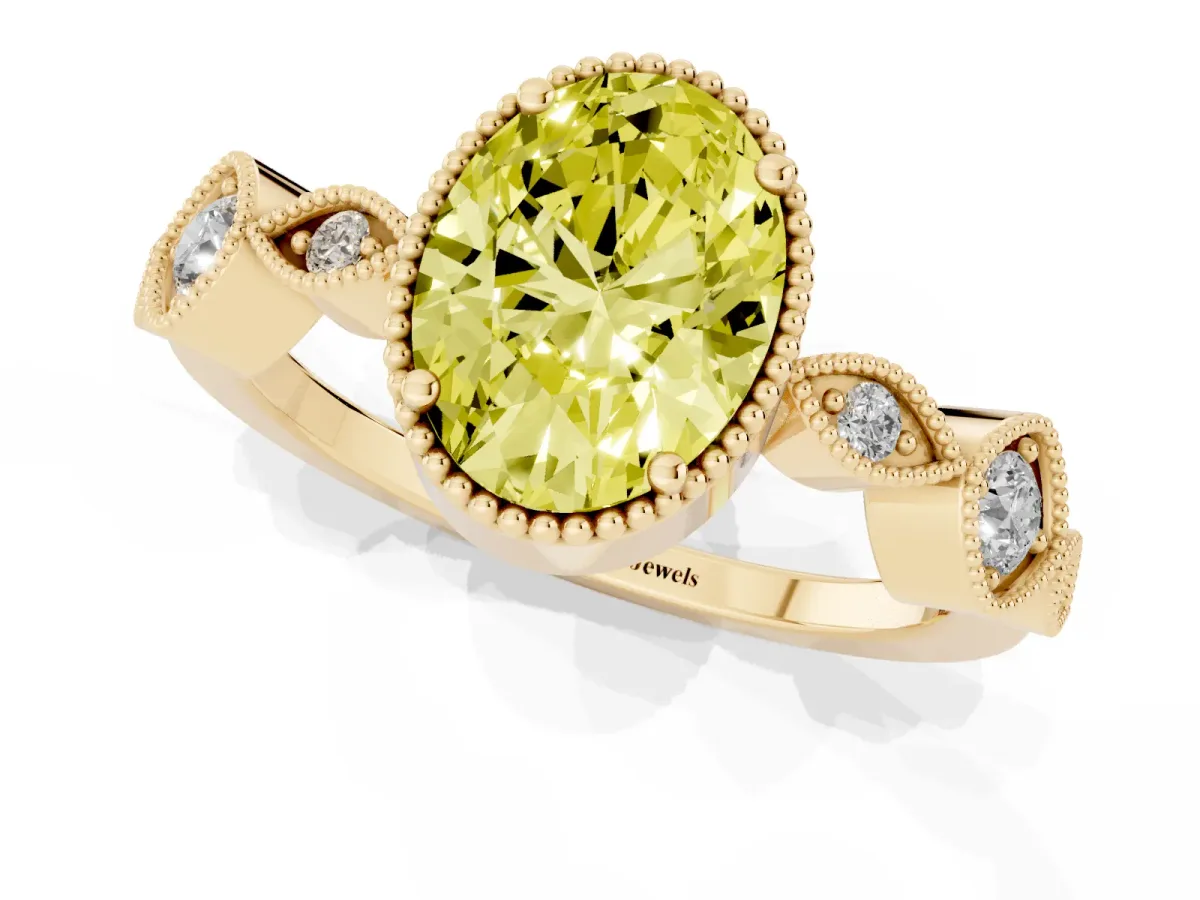 Fancy Yellow Oval Cut Diamond Vintage Milgrain Ring with Round Stations Yellow gold