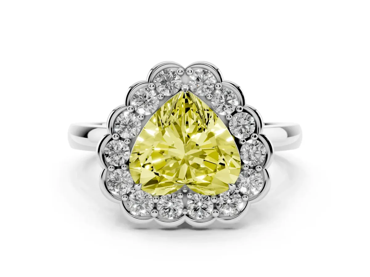 Fancy Yellow Heart Cut Halo Cluster Diamond Engagement Ring with Solitaire Band and Prong Setting Platinum