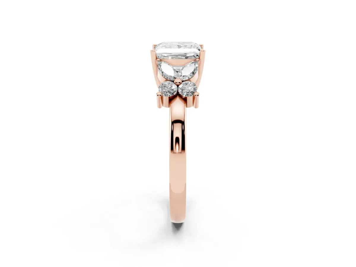 Princess Cut Diamond Floral Cluster Ring with Solitaire Band and Prong Setting Rose gold