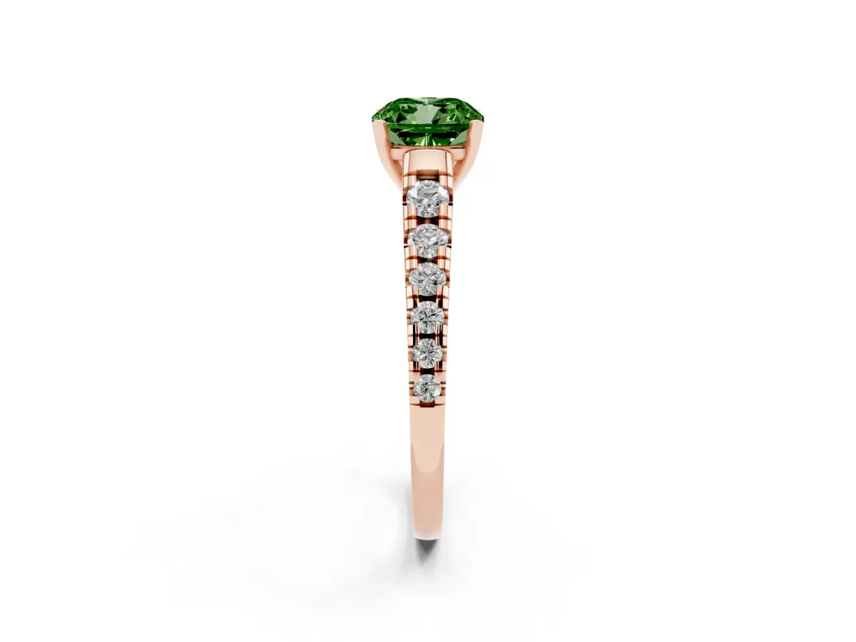 Fancy Green Cushion Cut Diamond Cathedral Solitaire Ring with Round Pavé Band Rose gold