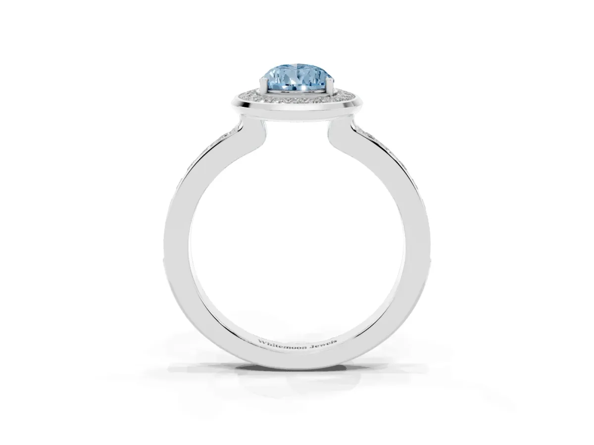 Fancy Blue Pear Cut Diamond Halo Ring with Bezel Frame and Pavé Band Silver
