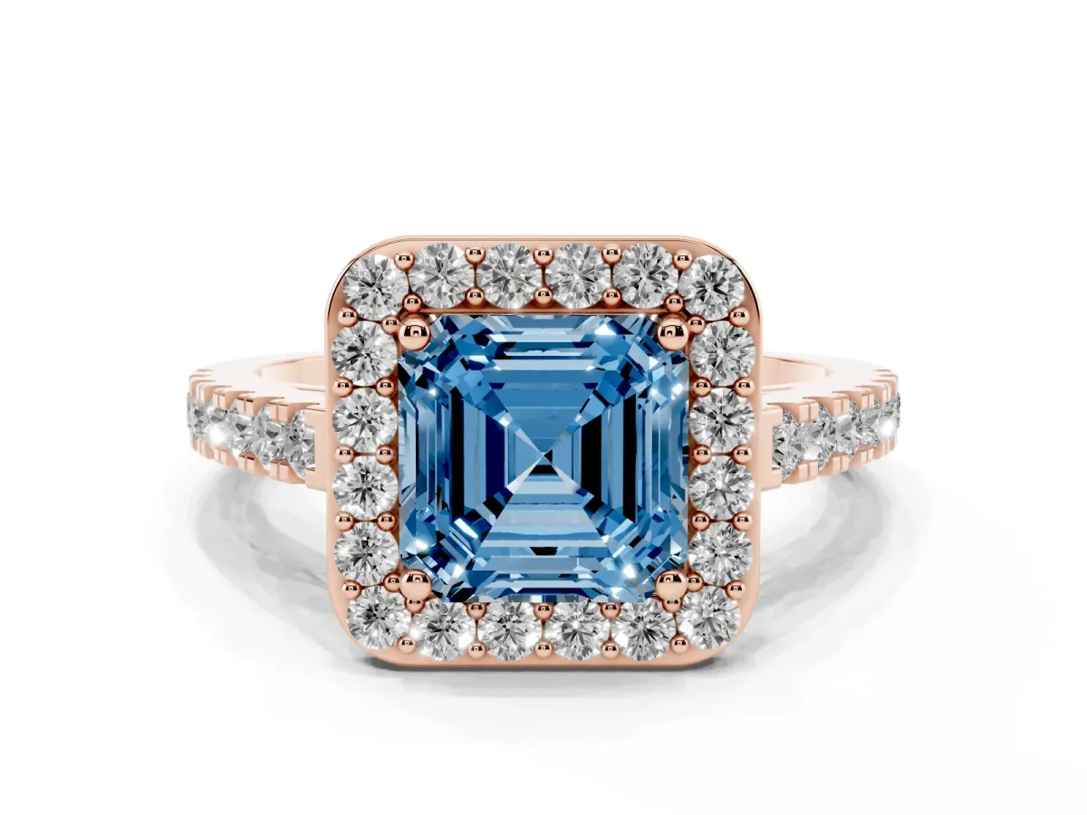 Fancy Blue Asscher Cut Diamond Halo Ring with Round Pavé Split Shank and Prong Setting Rose gold