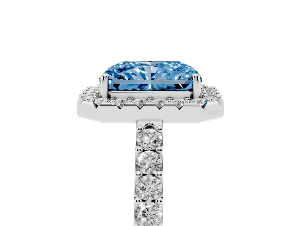 Fancy Blue Radiant Cut Halo Diamond Pavé Solitaire Ring Silver