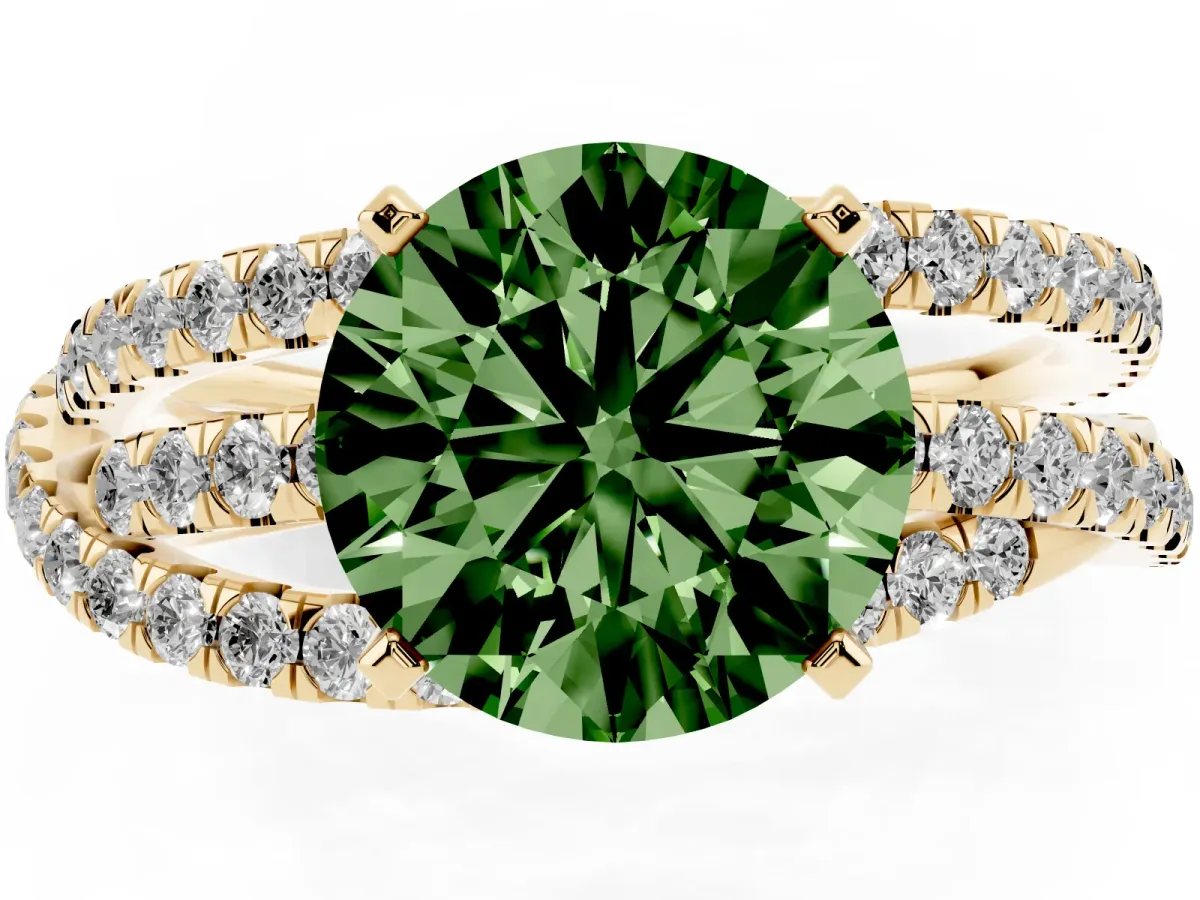 Fancy Green Round Cut Solitaire Twist Band with Pavé Setting and Four-Prong Setting Yellow gold