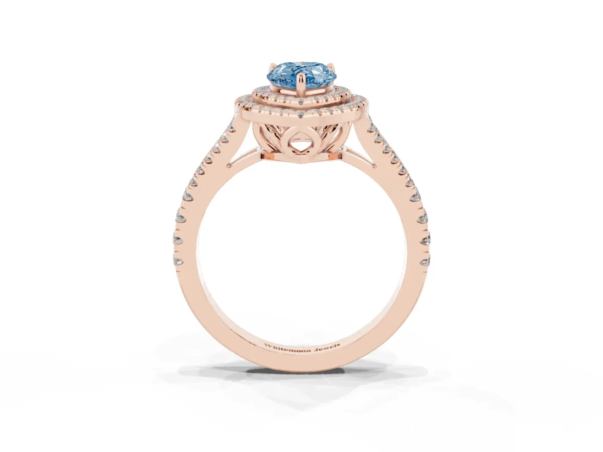 Fancy Blue Pear Cut Diamond Double Halo Ring with Pavé Band and Prong Setting Rose gold