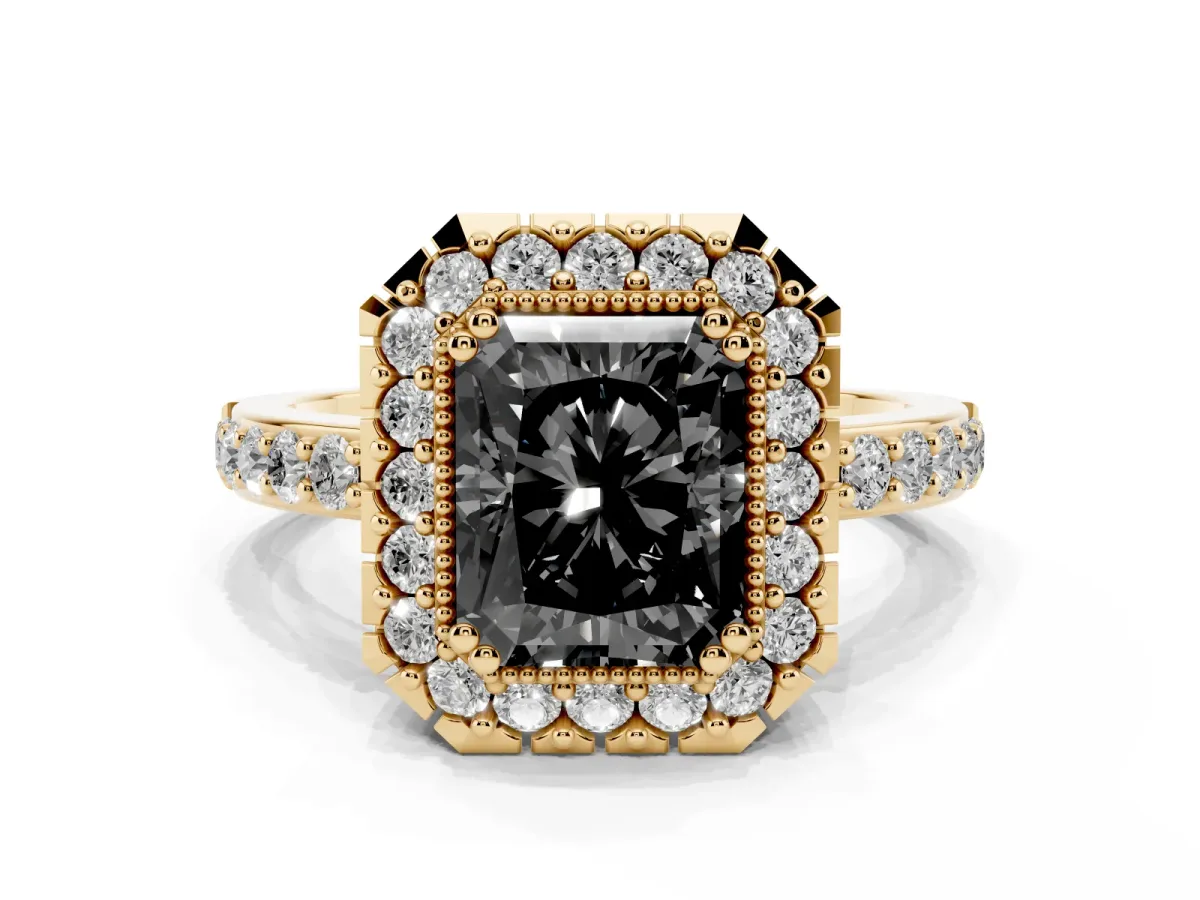 Fancy Black Radiant Cut Diamond Halo Ring with Pavé Band and Prong Setting Yellow gold
