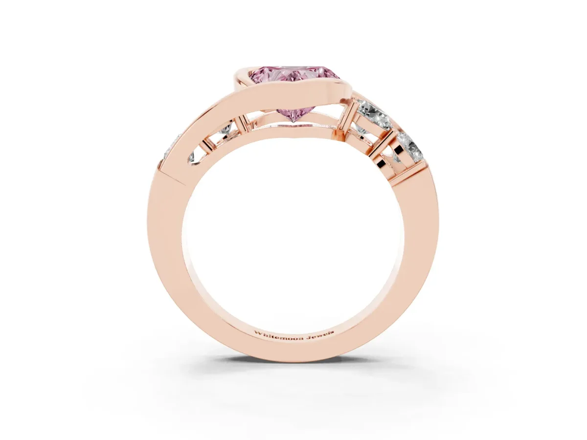 Fancy Pink Bezel Set Heart Cut Diamond Bypass Ring with Round Accents Rose gold