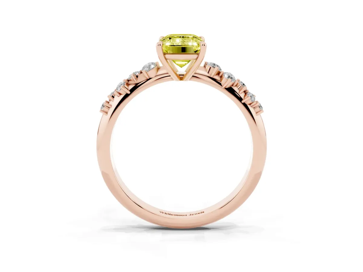 Fancy Yellow Emerald Cut Diamond Cluster Side Stone Solitaire Ring with Prong Setting Rose gold