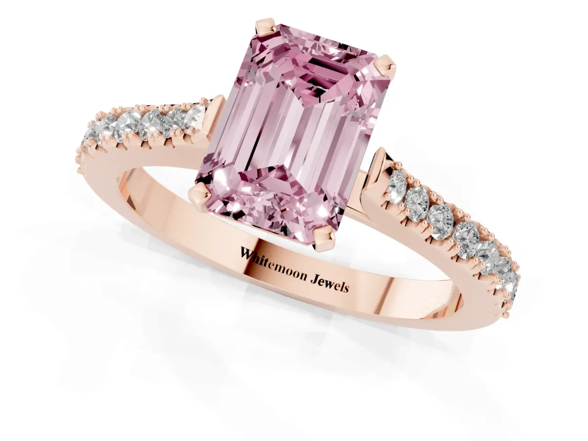 Fancy Pink Emerald Cut Cut Solitaire Diamond Engagement Ring with Pave Band and Four-Prong Setting Rose gold