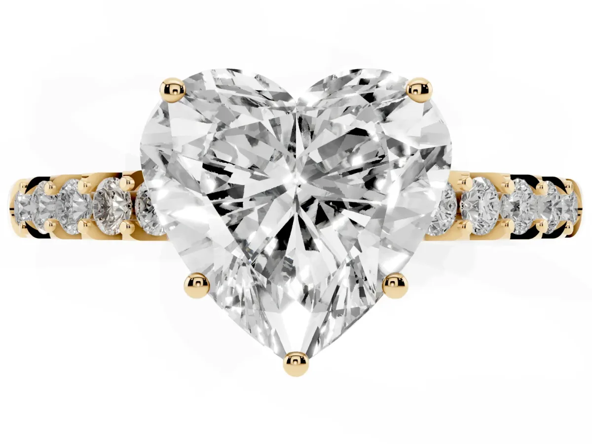 Heart Cut Solitaire Diamond Engagement Ring with Pavé Band and Six-Prong Setting Yellow gold
