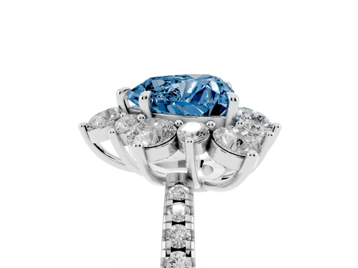 Fancy Blue Heart Cut Diamond Floral Halo Ring with Round Pavé Band and Prong Setting White gold