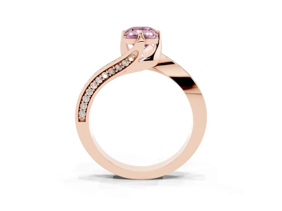 Fancy Pink Emerald Cut Solitaire Diamond Twist Band with Pavé Setting and Four-Prong Setting Rose gold