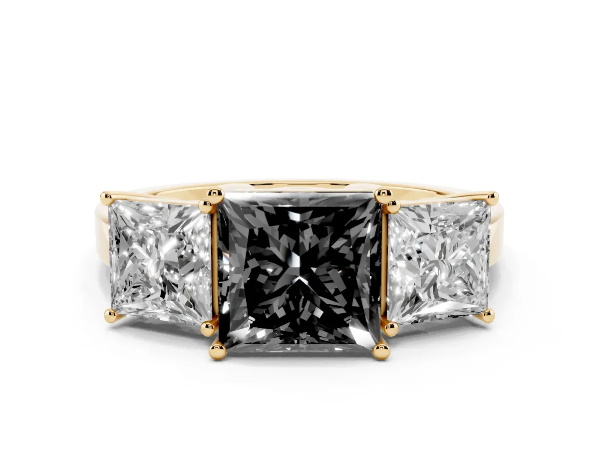 Fancy Black Three-Stone Princess Cut Cut Diamond Engagement Ring with Flat Band and Four-Prong Setting Yellow gold