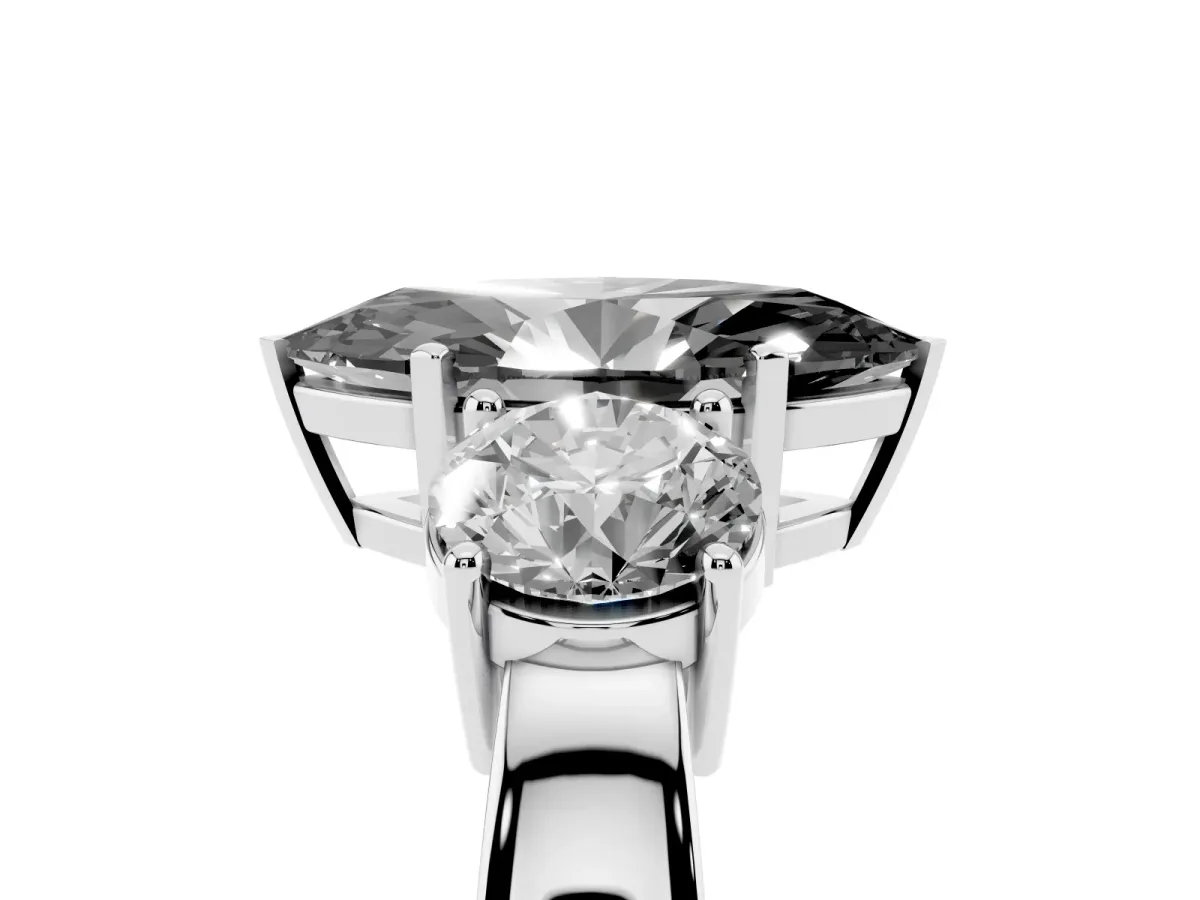 Fancy Black Three-Stone Marquise Cut Diamond Ring with Round Side Stones, Classic Band, and Four-Prong Setting Silver
