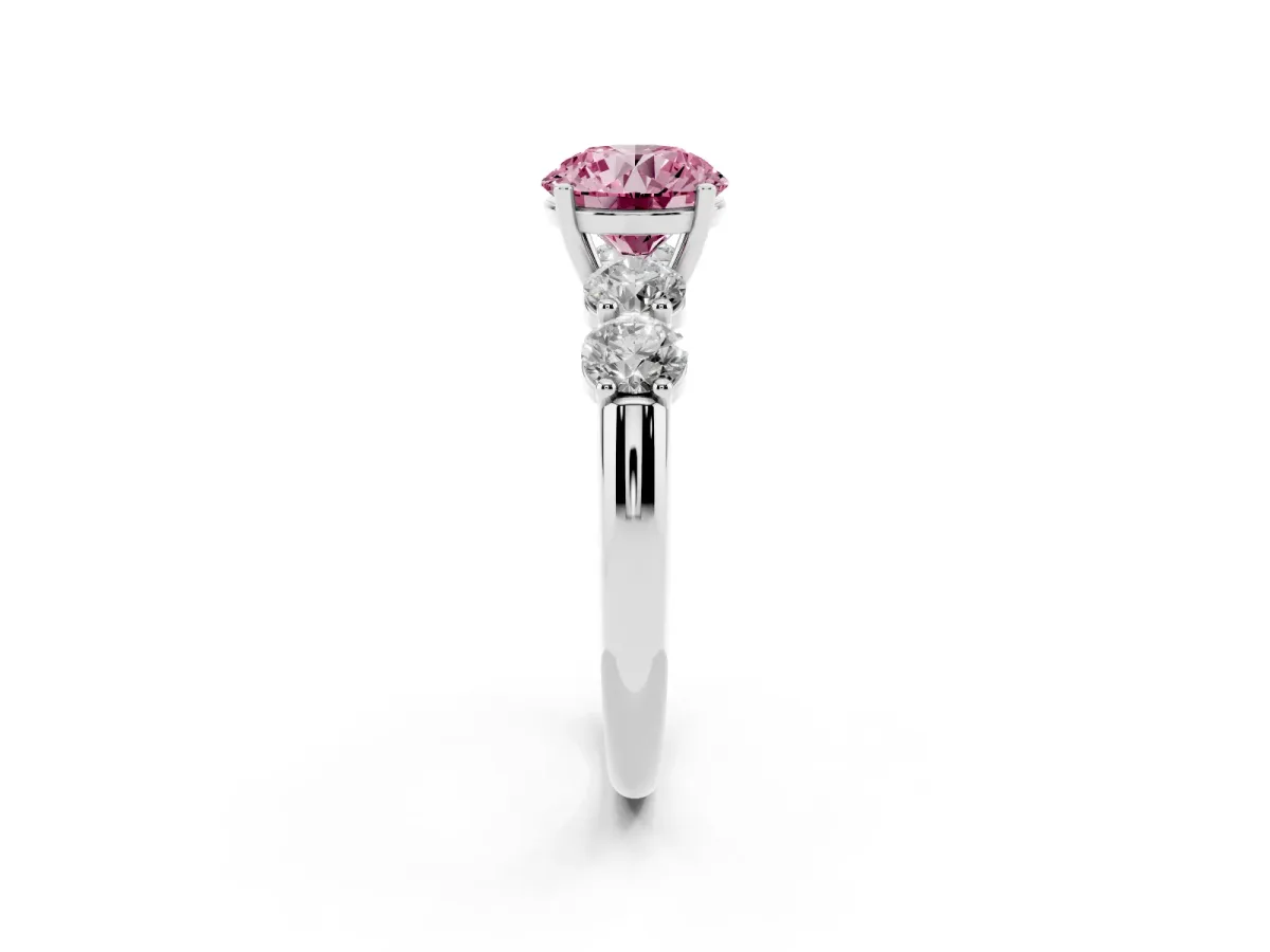 Fancy Pink Round Cut Cut Five-Stone Prong Set Diamond Ring with Classic Band Silver