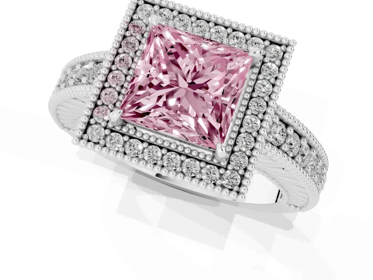 Fancy Pink Princess Cut Cut Halo Diamond Ring with Pavé Band and Four-Prong Setting White gold