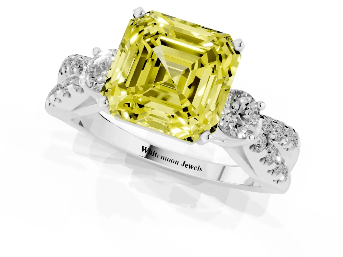 Fancy Yellow Asscher Cut Diamond Three-Stone Ring with Pavé Split Shank and Four-Prong Setting Silver