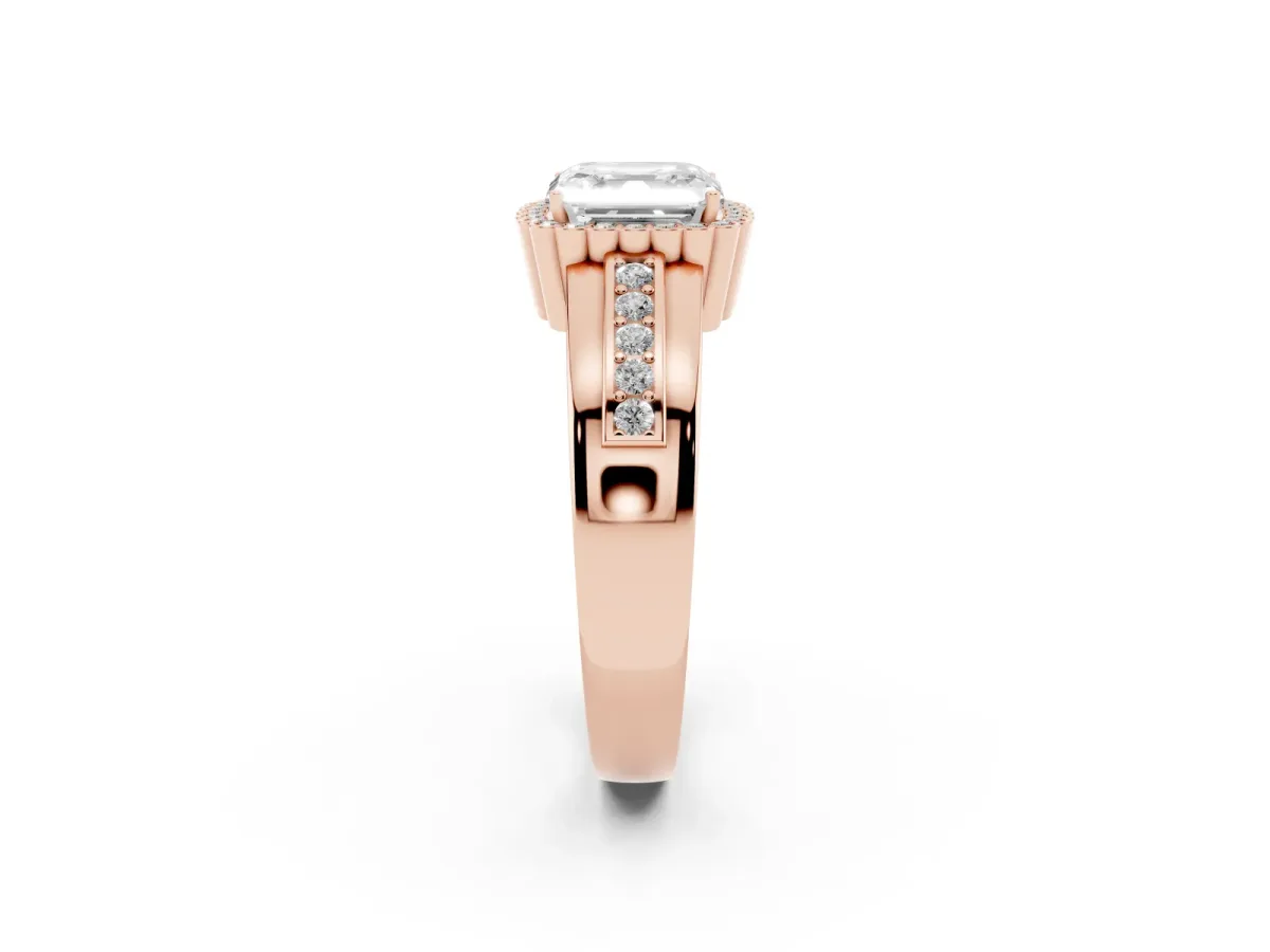 Asscher Cut Cut Halo Pave Band Four-Prong Ring Rose gold