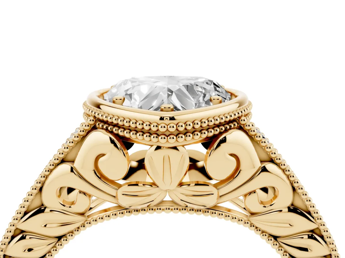 Bezel Set Heart Cut Diamond Milgrain Pave Engagement Ring Yellow gold