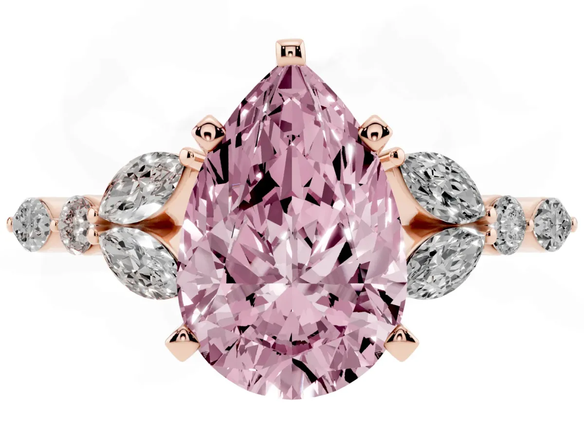 Fancy Pink Pear Cut Diamond Solitaire Ring with Side Stones and Four-Prong Setting Rose gold