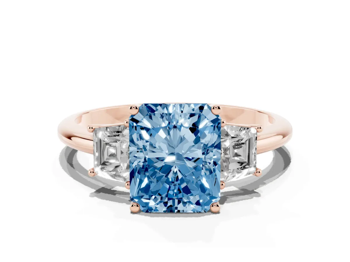 Fancy Blue Radiant Cut Diamond Three-Stone Ring with Trapezoid Side Stones and Prong Setting Rose gold