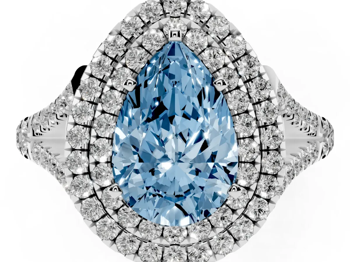 Fancy Blue Double Halo Pear Cut Diamond Split Shank Engagement Ring with Four-Prong Setting Silver