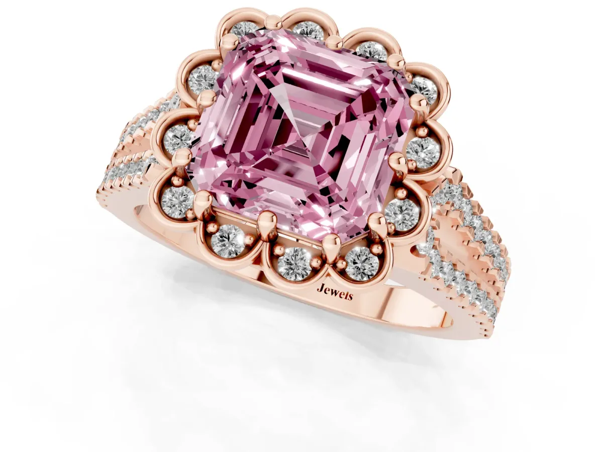 Fancy Pink Asscher Cut Halo Diamond Floral Split Shank Engagement Ring Rose gold